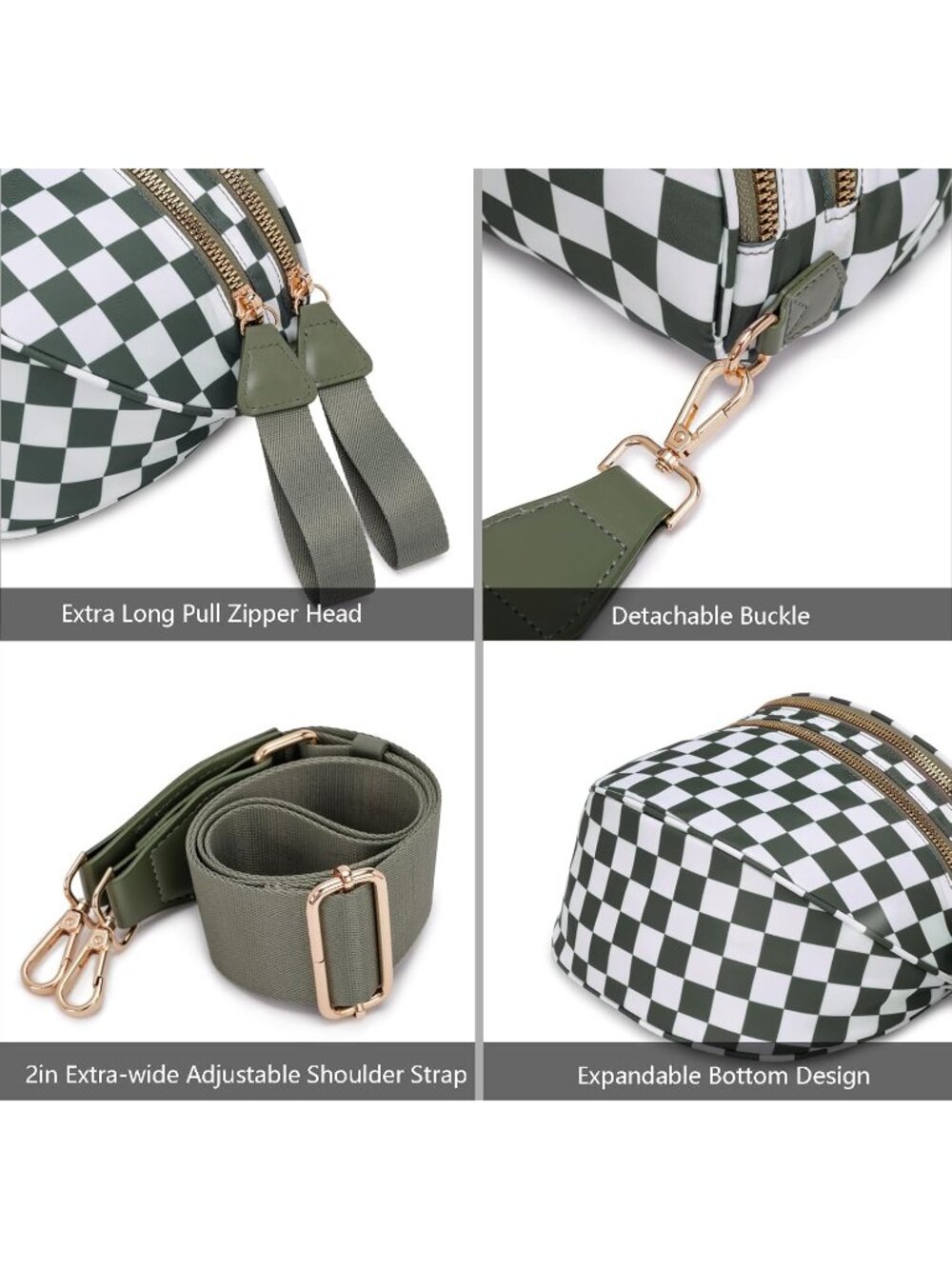 Women's Beans Green Spacious Checkered Double-Zipper Compartments Crossbody Bags - Picture 5 of 6